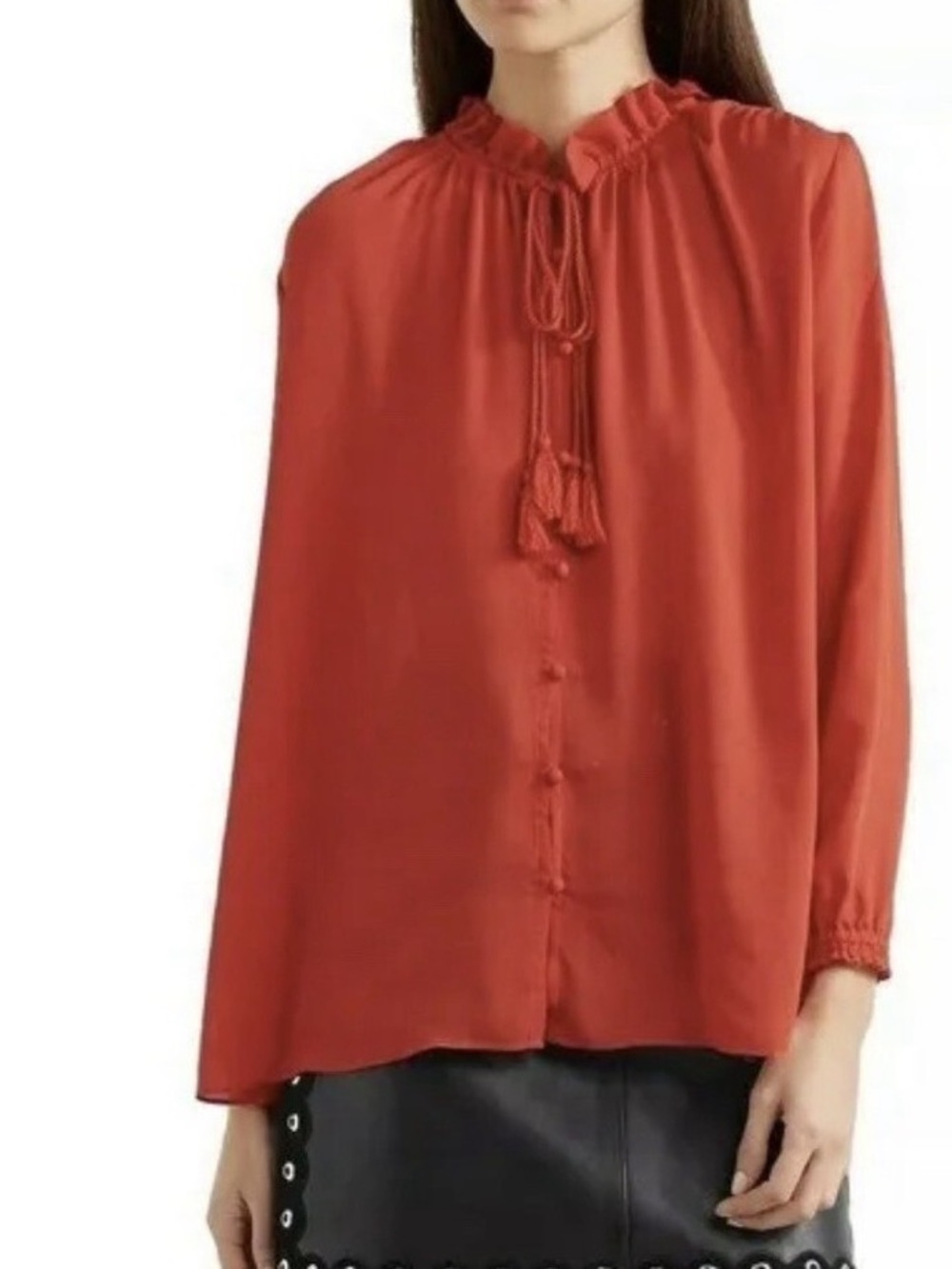 Maje Rust Red Chiffon Tie-Neck Blouse